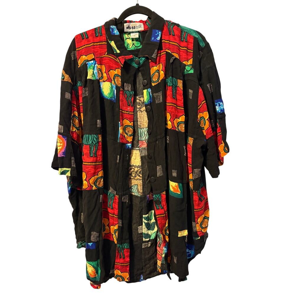Vintage We Be Bop Button Shirt Top Black Yellow Red Patchwork Short Sleeve Sz 2X